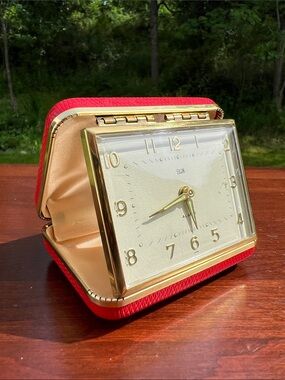 Vintage Red Leather Gold Elgin Wind Up Travel Alarm Clock Germany Luminescent